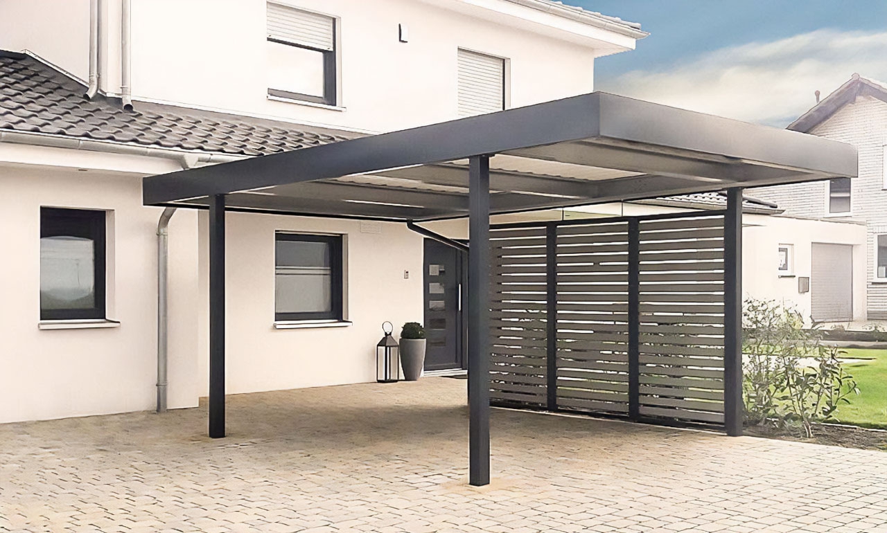 Современный автонавес с крышей из поликарбоната Автонавес односкатный с поликарбонатом